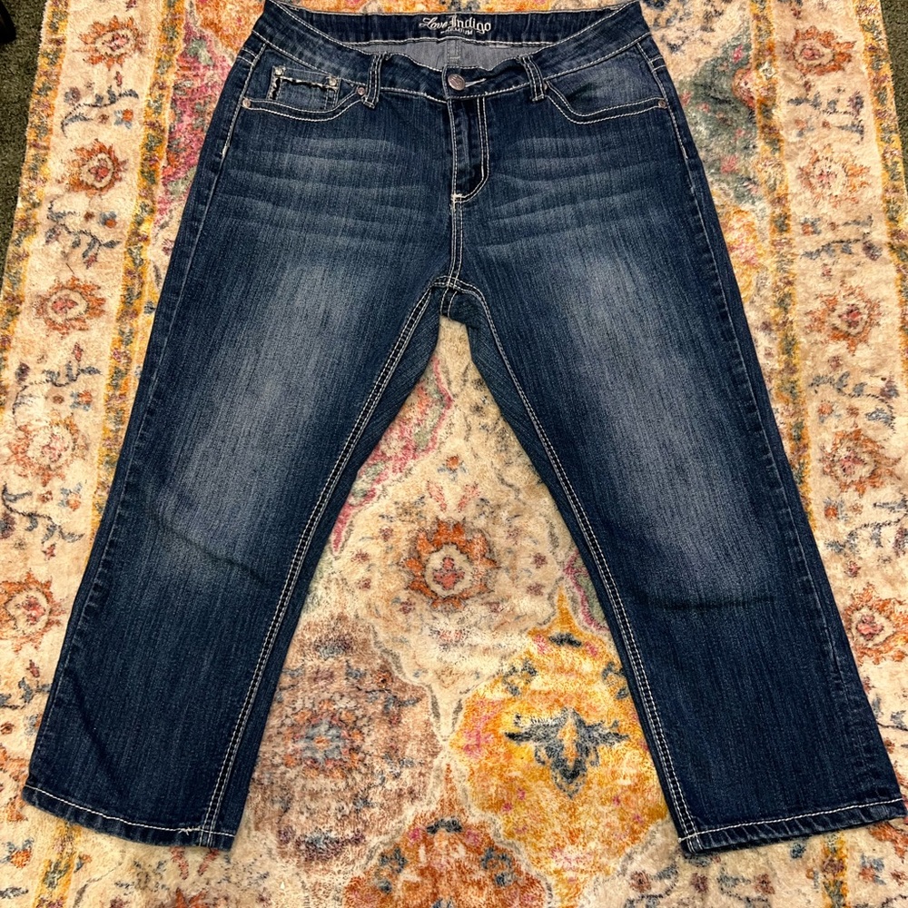 Love Indigo Premium Capri Jeans Y2K Embroidered Pockets Dark Wash